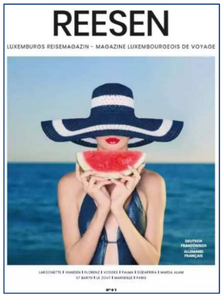 Magazincover: Frau mit großem Sonnenhut hält Wassermelone vor Gesicht, Meer im Hintergrund
